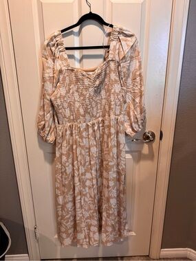 LC Lauren Conrad Beige and White Floral Smocked Midi Dress